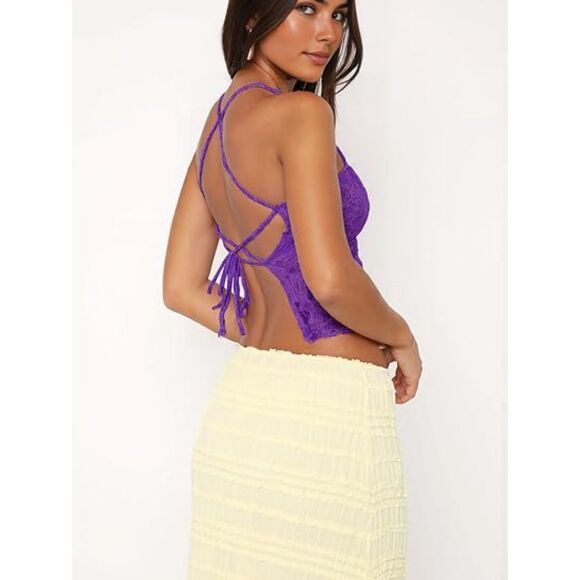 Lace Backless Tube Tops Tie Back Halter Tank Top, MEDIUM, 8F-146T012 - Picture 2 of 2